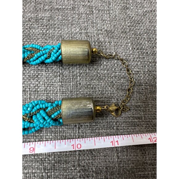 Turquoise & Gold Tone Braided Beaded Necklace w/ Brass Clasp Womens Fashion - Picture 4 of 4